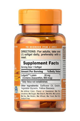 Puritan's Pride Lutein 20MG dietary supplement bottle with zeaxanthin for eye health and night vision support.